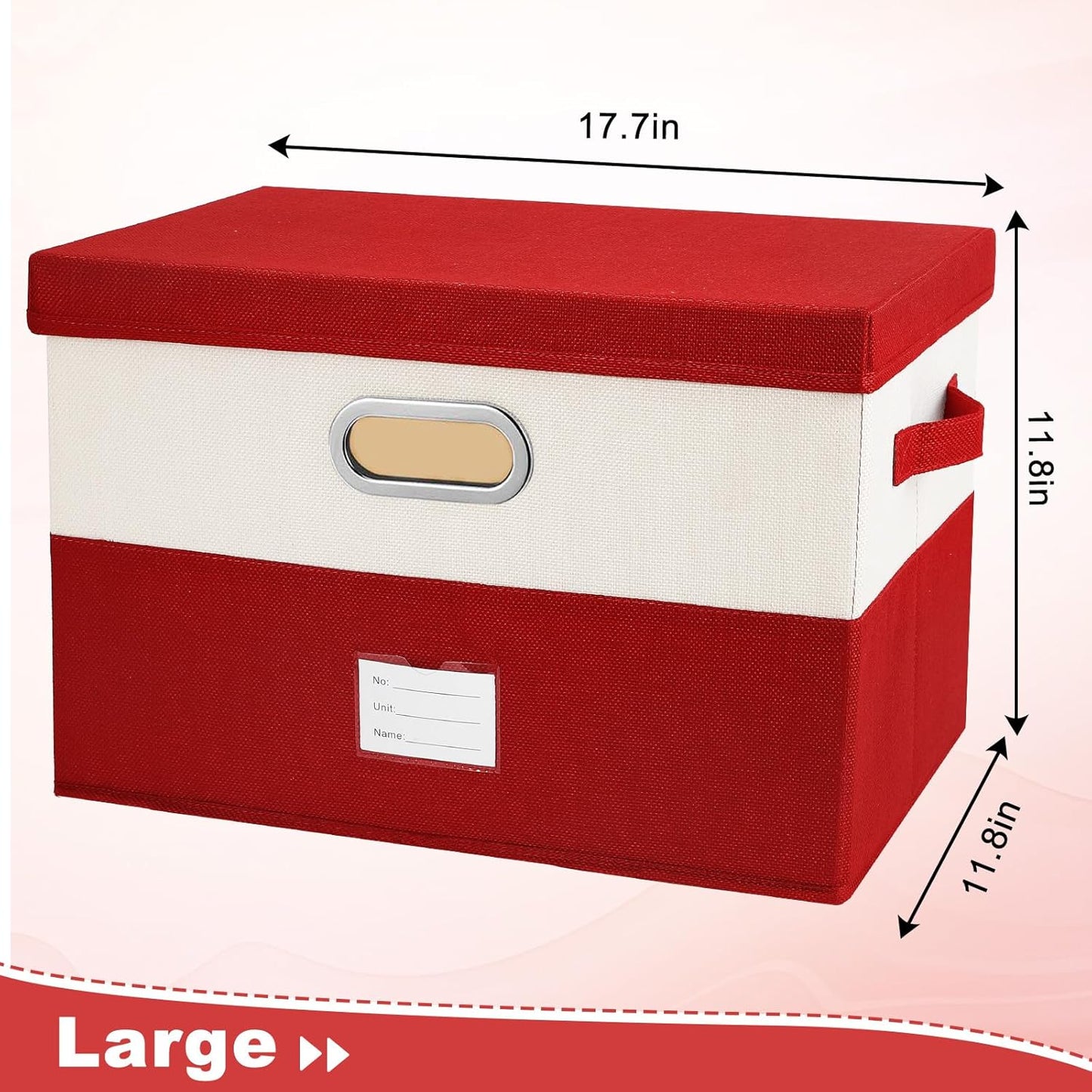 Large Linen Fabric Foldable Storage Bins with Removable Lid and Handles, Washable Storage Box Organizer Containers Baskets Cube with Cover for Bedroom,Office(Red&Cream, Large)