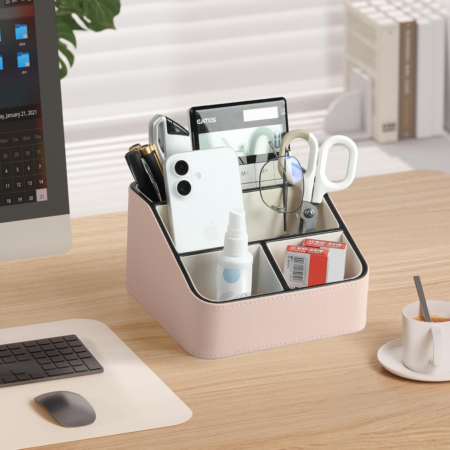 Remote Control Holder, PU Leather Small Desk Organizer with 4 Compartments, Nightstand Organizer Desk Caddy for Remote, Notepad, Phone, Glasses, and Accessories (Pink)