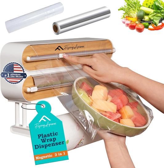 APSARAS USA Magnetic Plastic Wrap Dispenser with Cutter, 3 in 1 Aluminum Foil wrap Organizer, Practical Refillable Cling Wrap Film Cutter, Wall Mount Kitchen Wrap Dispenser, Include 2 * 12" Rolls