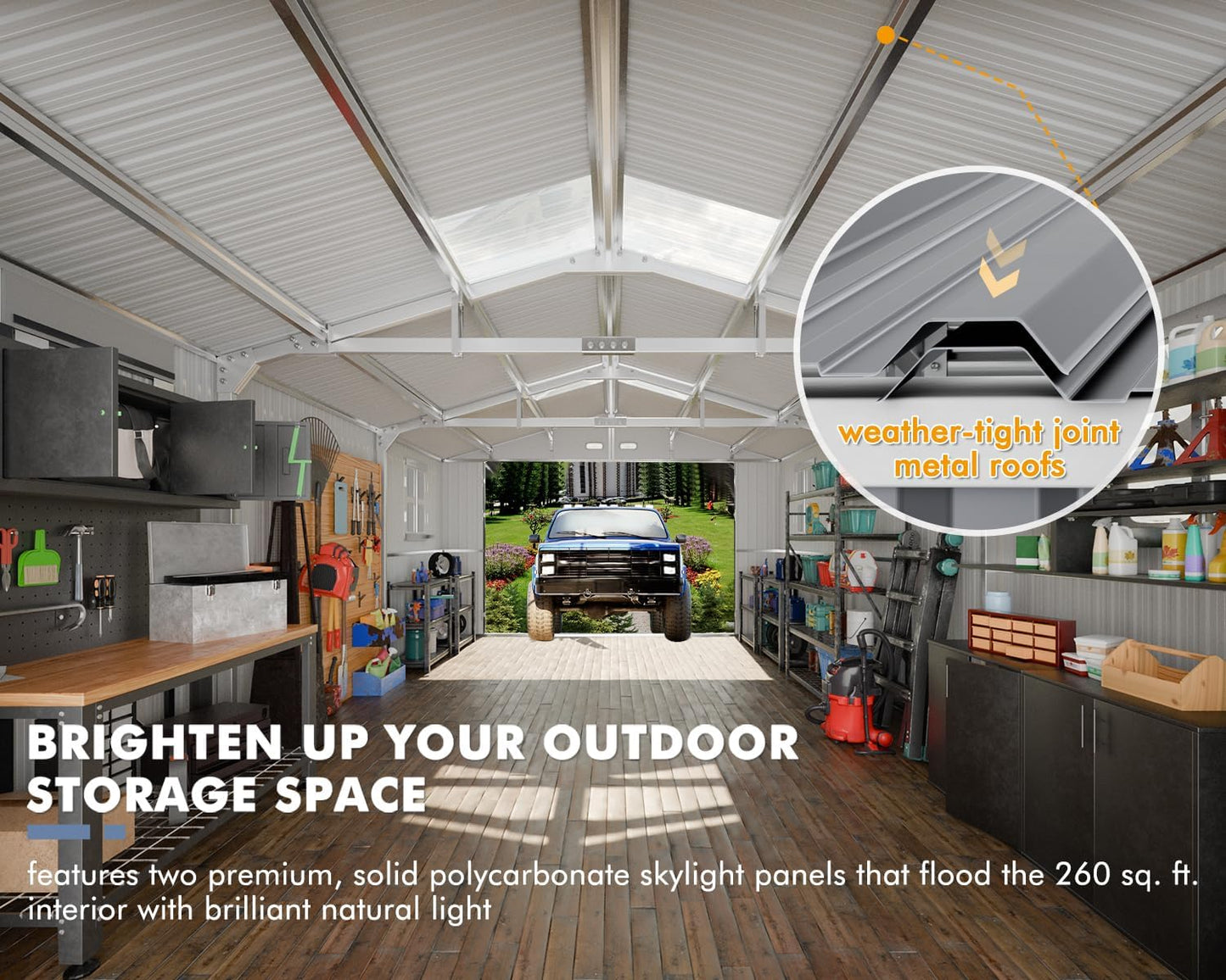 Metal Garage Shed, 13x20x8.5' Large Outdoor Storage Building and Workshop, Weatherproof Steel Carport with Ultra-Reinforced Truss System, Skylights Dual-Entry