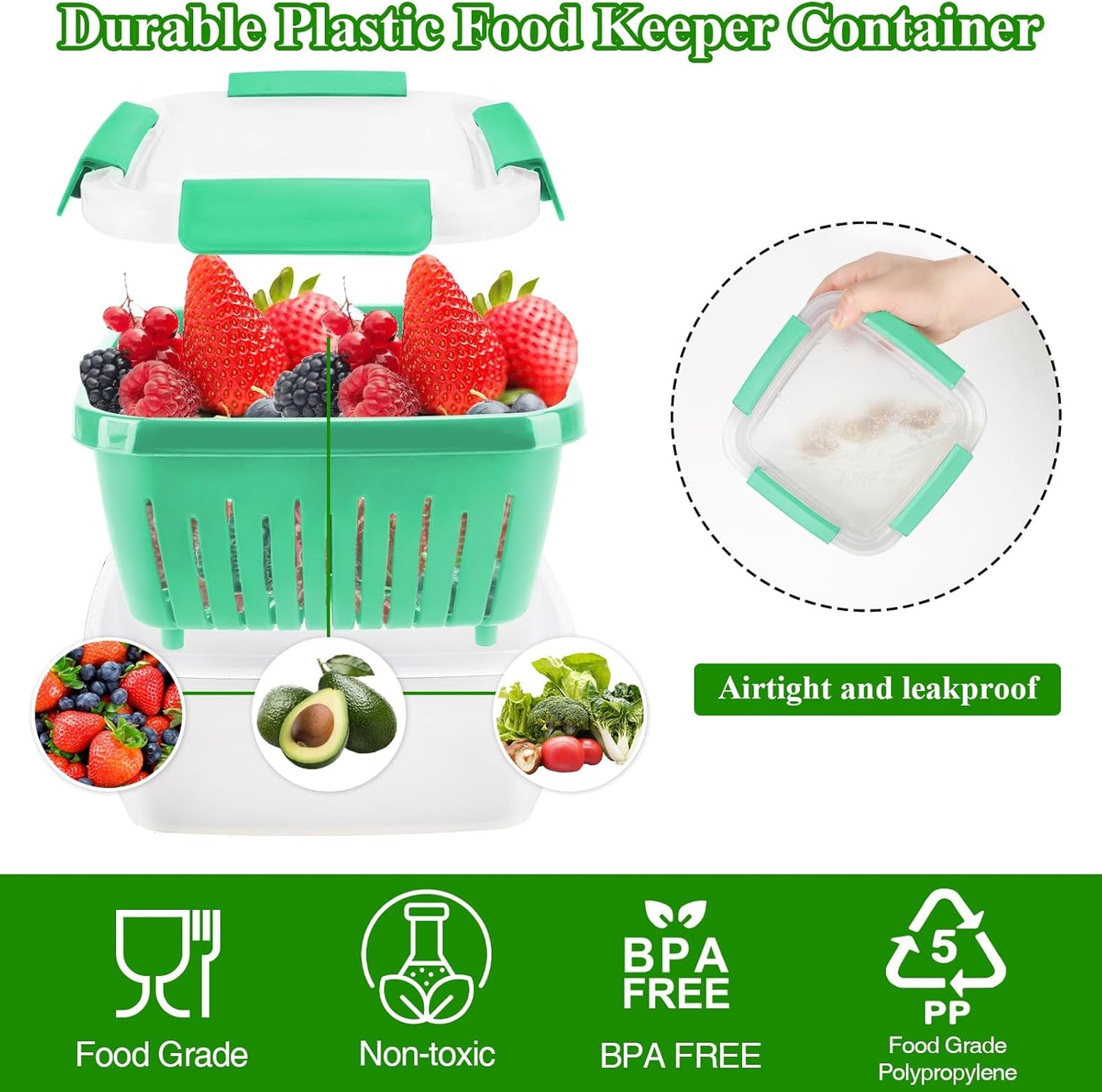 50oz Berry Keeper Fruit Storage Container for Fridge, Fresh Food Produce Saver Containers with Removable Drain Colander, Vegetable Lettuce Keeper Bowl, Refrigerator Organizer, PRESS TO OPEN CLOSE LID