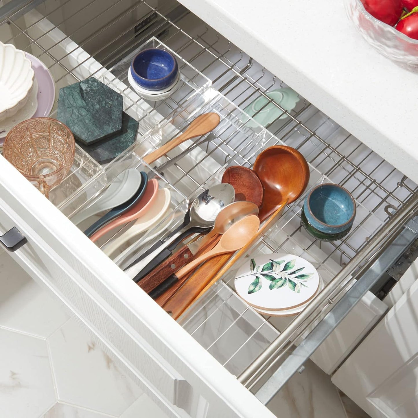 Chunful Clear Drawer Organizer 2 Pieces 6 Section Clear Desk Organizer with Dividers 3 Section Acrylic Makeup Tray Divided Drawer Inserts Sectioned Tray Makeup Storage