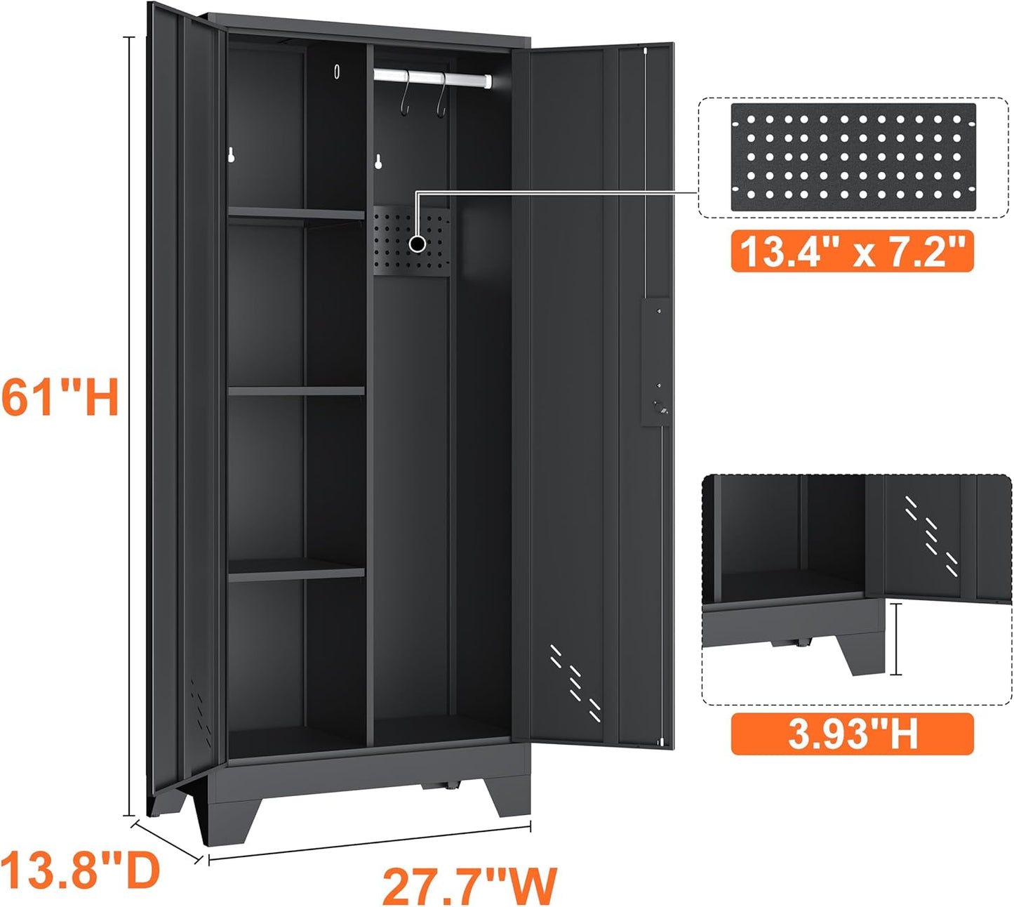 Storage Cabinet 61" H, Metal Tools Storage Cabinet with Lockable Doors and Shelves, Outdoor Storage Sheds with Removable Pegboard for Garage, Utility Room, Office