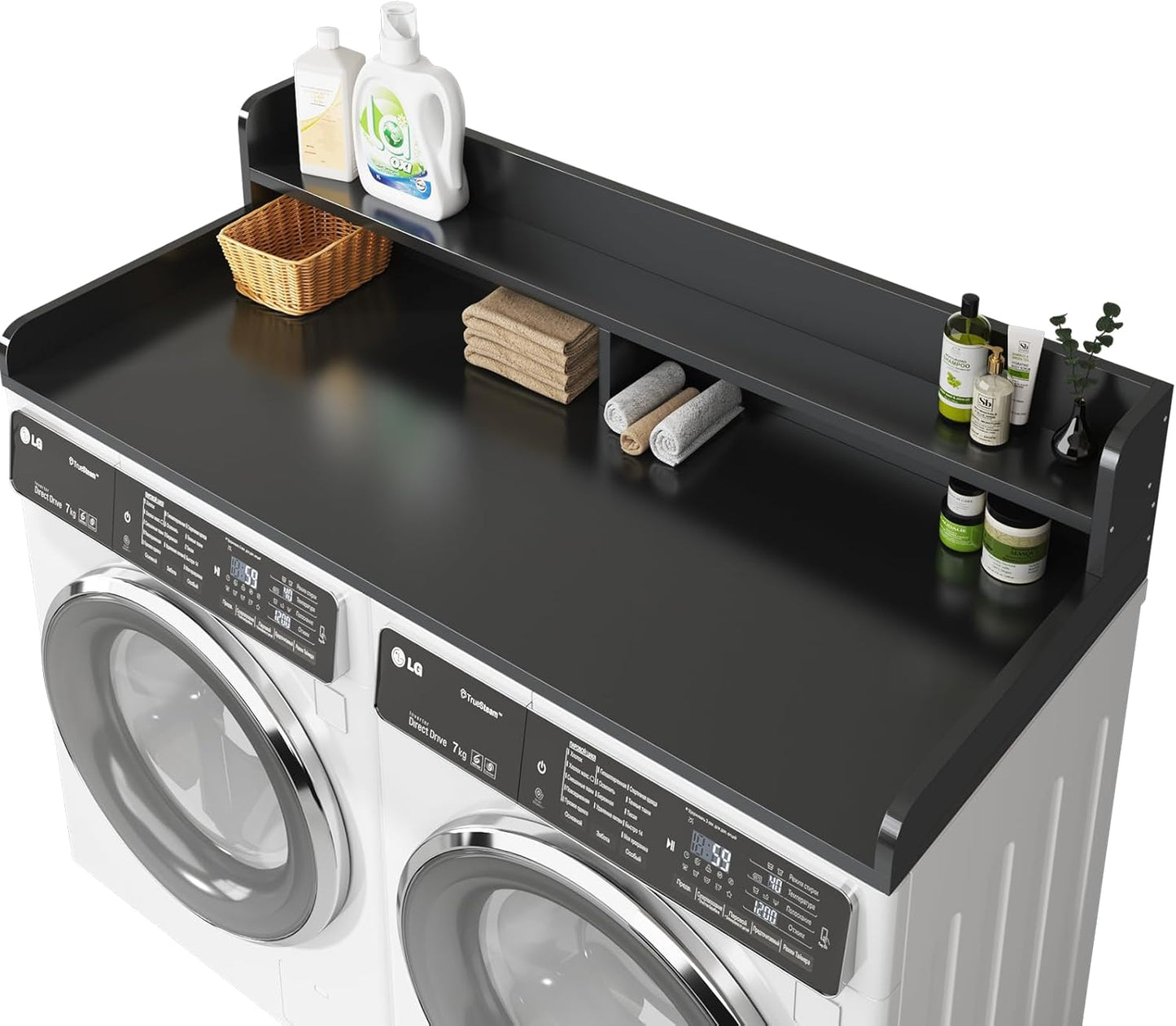 2-Tier Washer and Dryer Countertop with 2.75" H Guard,58" W x 28" D Laundry Countertop Cover with Non-Slip Pad,Large Space Laundry Topper for Folding Clothes Over Washer and Dryer-Black
