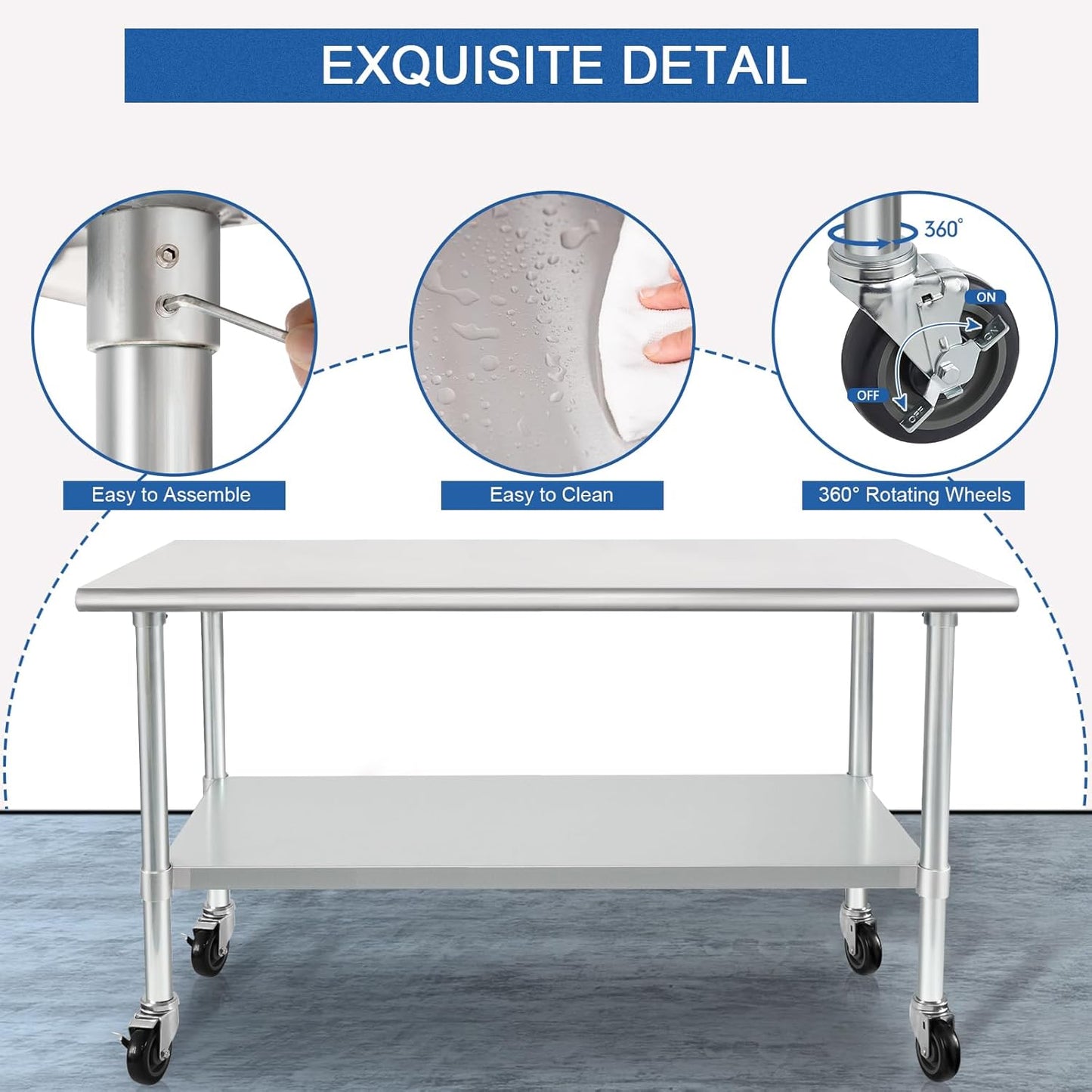 HARDURA Stainless Steel Table with Wheels 30 x 60 Inches Casters NSF Heavy Duty Commercial Work & Prep Table with Undershelf and Galvanized Legs for Restaurant Kitchen Bar and Hotel Garage