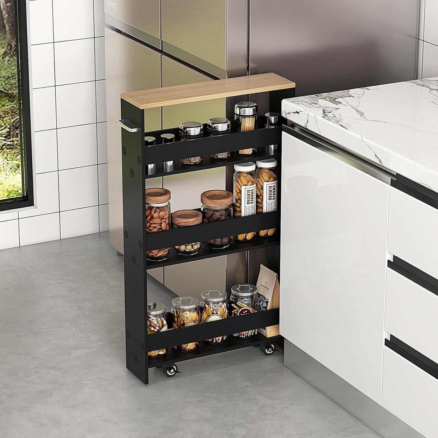 MAT EXPERT Slim Rolling Storage Cart, 4-Tier Freestanding Slim Storage Cart with Wheels 360 Degree & Metal Handle, Wooden Utility Cart for Narrow Kitchen, Laundry Room, Bathroom (Black + Natural)