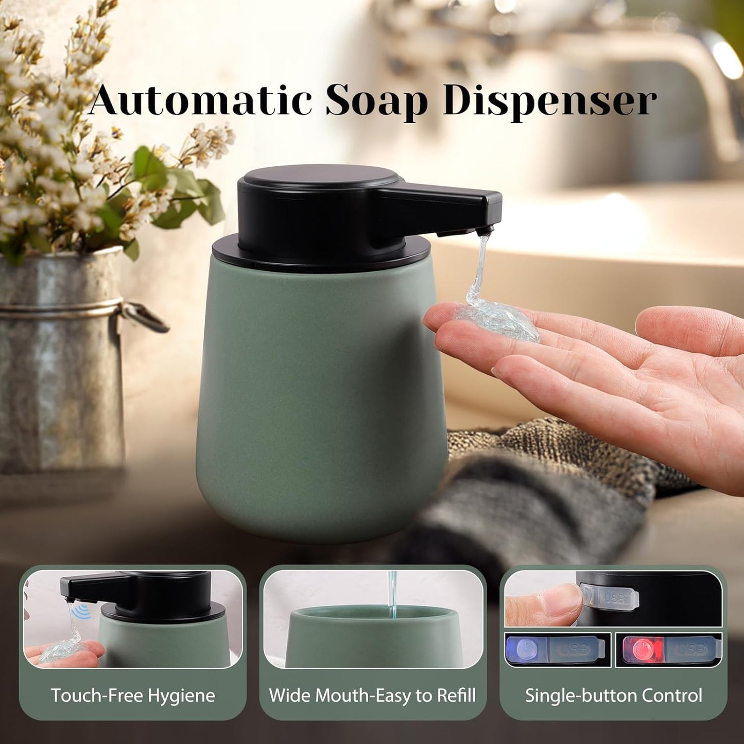 INGOFIN Automatic Ceramic Bathroom Accessory Set - 3 Pcs Auto Liquid Soap Dispenser Touchless, Toothbrush Holder & Tray, Smart Electric Bathroom Counter Set for Home, Guest Room, or Office, Green