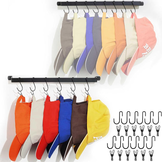 Hat Rack Closet Storage Wall: 12 Adjustable Stainless Steel Clips and 17 Inch Hat Holder - Hat Hanger Display Space Saving - Tie Belt Hanger for Closet Storage Solution - 2 Pack
