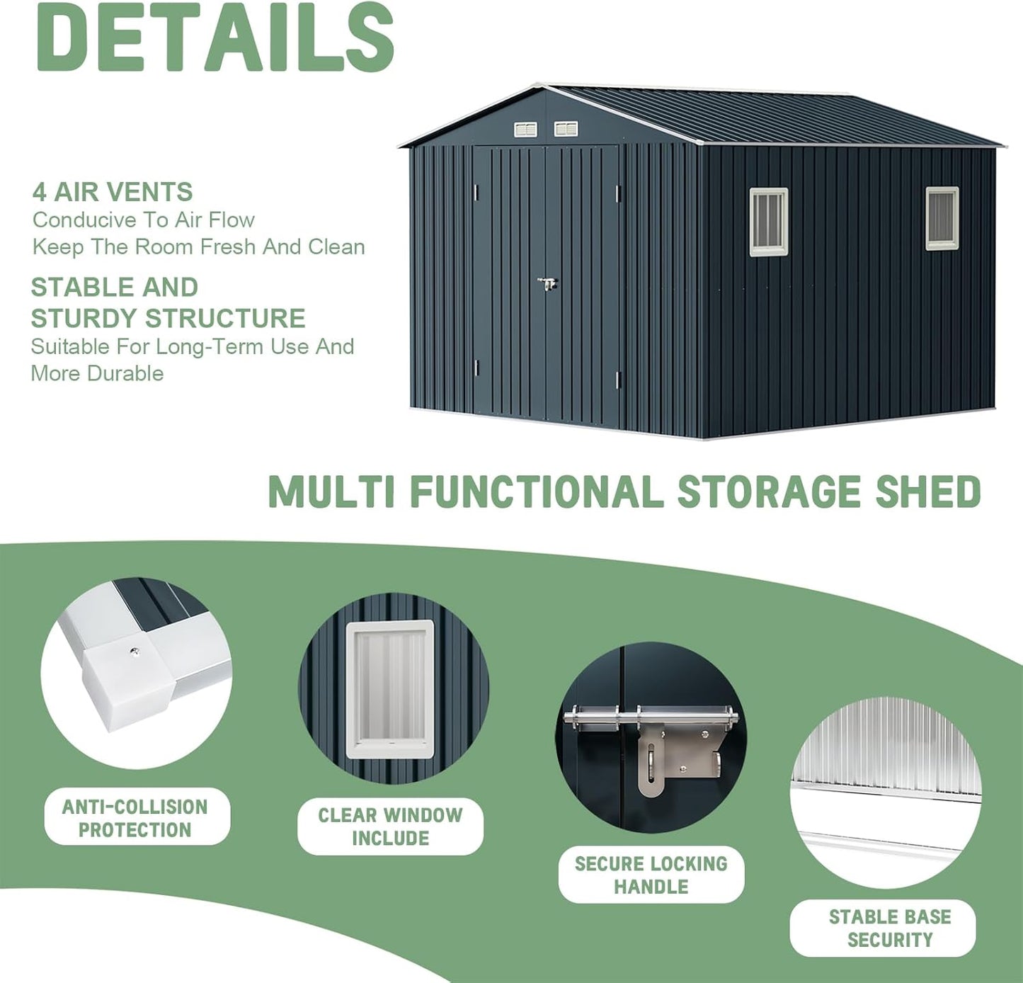 Breezz Outdoor Storage Shed 10 x 10 ft. Utility Tool Shed Metal Storage Garden Shed with Lockable Doors, Windows for Patio Storage,Nightblue