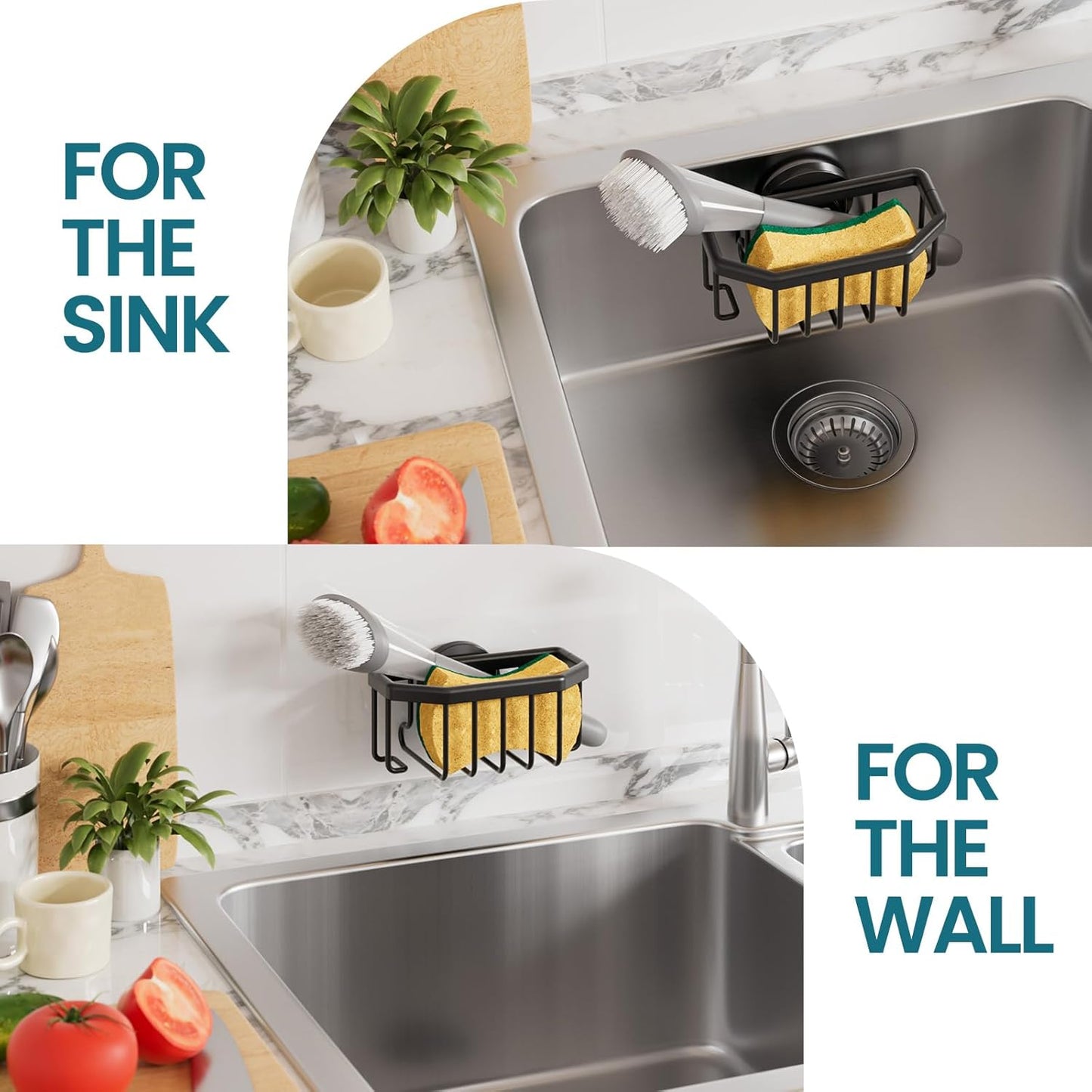 TAILI Sponge Holder for Kitchen Sink with Strong Suction Cup, Rustproof Aluminum Sink Caddy for Sponges, Brushes, Stoppers & Scrapers, Black