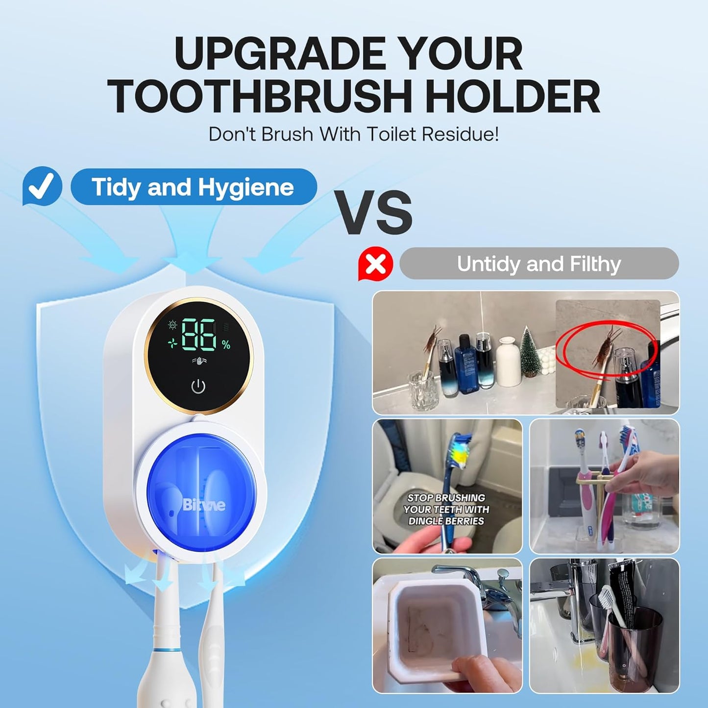 Bitvae Upgraded Tooth Brush Holder for Bathroom 2.0, Infrared Sensing Toothbrush Cleaner, Wall-Mounted for Most Size Toothbrushes, Air Drying, LED Smart Screen, White Gold Trim