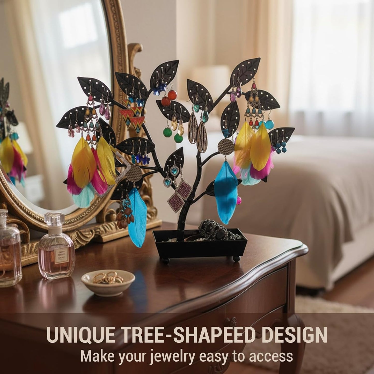MyGift Jewelry Tree w/Bird Nest 48 pair Earrings Holder, Bracelets/Necklace Organizer Stand (Black Metal)