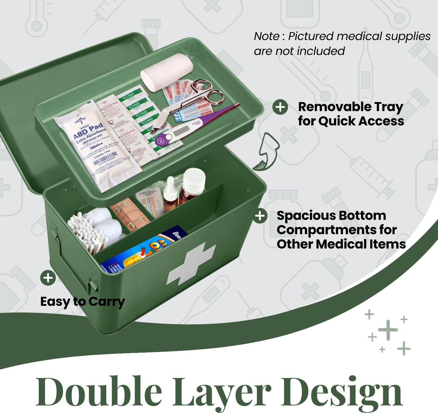 Flexzion First Aid Box Organizer Empty 13" Green Vintage First Aid Kit Tin Metal Medical Box - First Aid Storage Box Container Bins with Dividers, Removable Tray and White Cross Logo