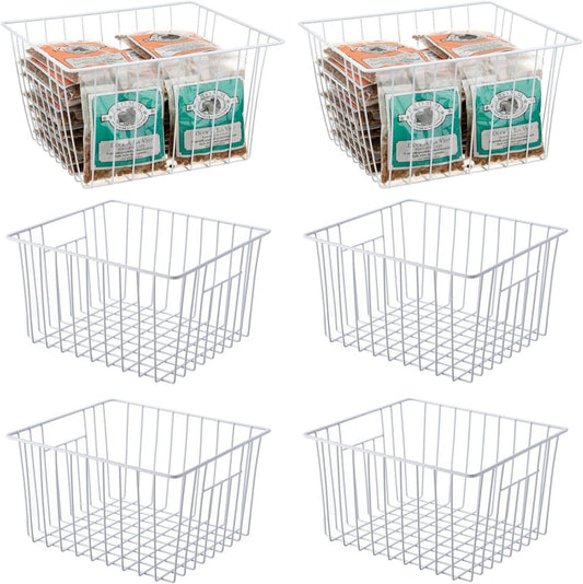 6 Pack Wire Storage Baskets for Organizing, Freezer Organizer Bins, Pantry Organization Bins Cabinets - Metal Basket Kitchen, Laundry, Fridge, Bathroom Countertop Organizer, Pearl White