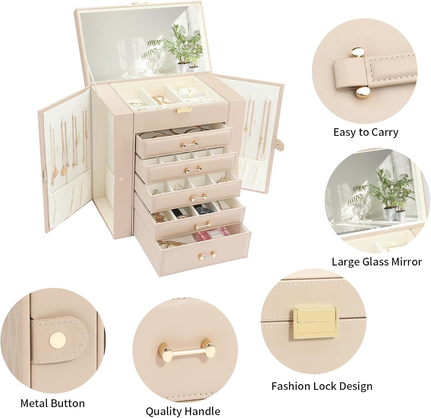 Large Jewelry Holder Organizer, 6 Layer Jewelry Box for Women Jewelry Storage Case With Handle, Gift for Christmas New Year, Apricot