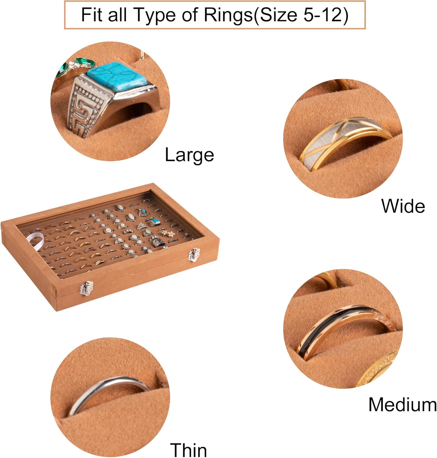 Frebeauty Ring Organizer Tray 100 Slots Ring Holder with Clear Lid Velvet Storage Box Jewelry Tray for Jewelry Store Earring Display Case for Jewelry Show Studs Box for WomenCamel