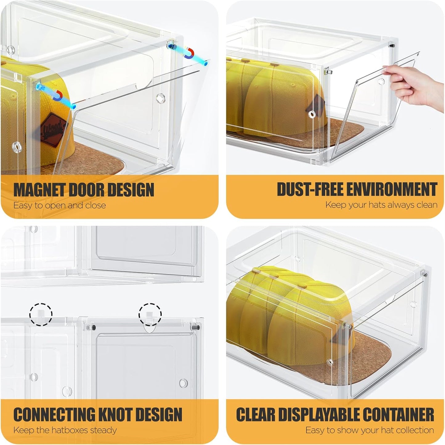 Hat Organizer Box, Stackable Clear Baseball Caps Holder Box Containers with Magnetic Door for Hats Snapback Cap Storag, Hat Rack Display Case, Holds 8 Hats Each (Clear, 2 Pack)