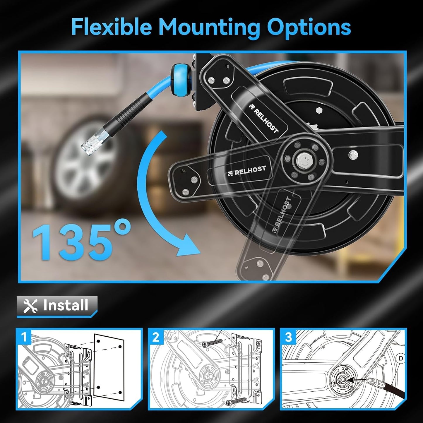 Retractable Air Hose Reel Dual Arms, 50 ft x 3/8 in Hybrid Air Hose Max 300PSI, Heavy Duty Air Compressor Hose Reel, Auto Rewind, Ceiling/Wall Mount for Garage, Workshop, Home Studio