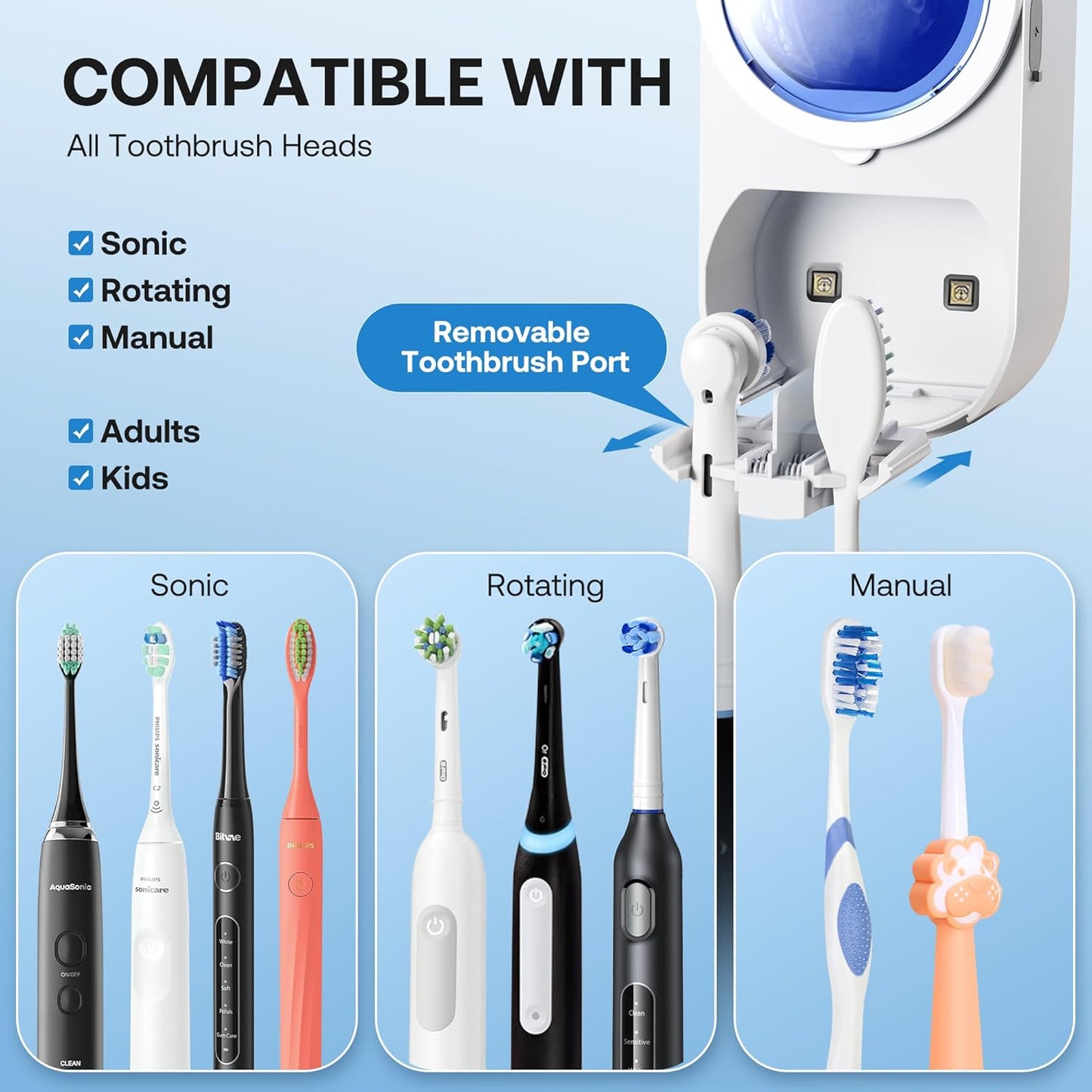 Bitvae Upgraded Tooth Brush Holder for Bathroom 2.0, Infrared Sensing Toothbrush Cleaner, Wall-Mounted for Most Size Toothbrushes, Air Drying, LED Smart Screen, White Gold Trim