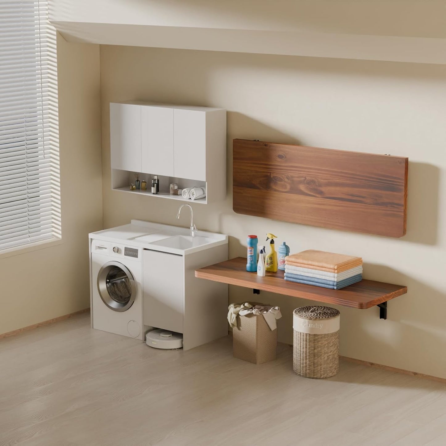 IAE Wall Mounted Folding Table with Pine Wood,Floating Wall Desk,Laundry Folding Table with Shelf Brackets,Fold Down Desk Shelf,Folding Workbench for Home,Dining,Laundry Room,Kitchen,36" x 14",Teak