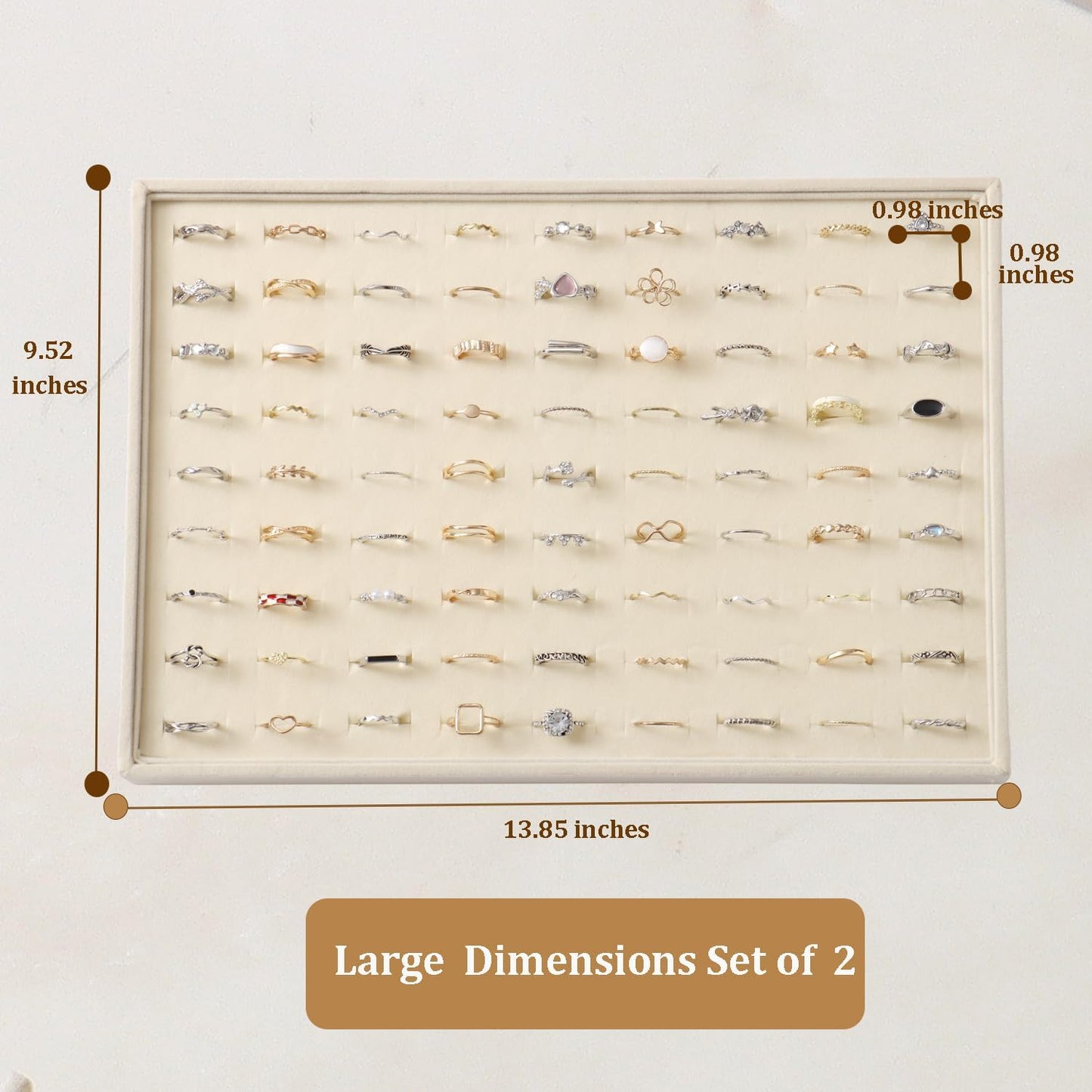Large Velvet Jewelry Tray 2 Pack Stackable Jewelry Display Drawer Inserts Trays Organizer for Earring Bracelet Necklace Ring (Beige, Ring 81 Slots)