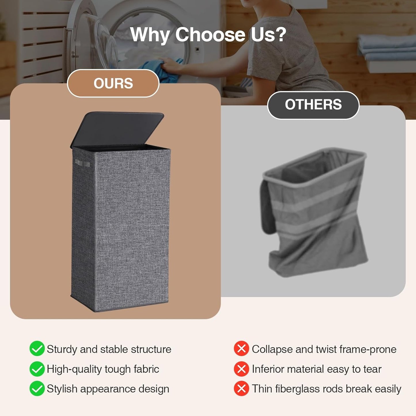 Collapsible Laundry Hamper with Lid 100L, Large Laundry Basket with Removable Mesh Bag for Bedroom, Bathroom,Closet, Dorm(Grey)