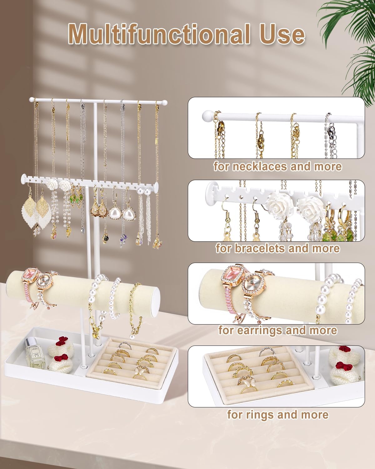 Cirhy Jewlery Holder Necklace Stand, Adjustable Necklace Holder with Velvet Ring Tray, Jewelry Display Rack for Hanging Necklaces, Bracelets, and Earrings, Gifts for Her (White)