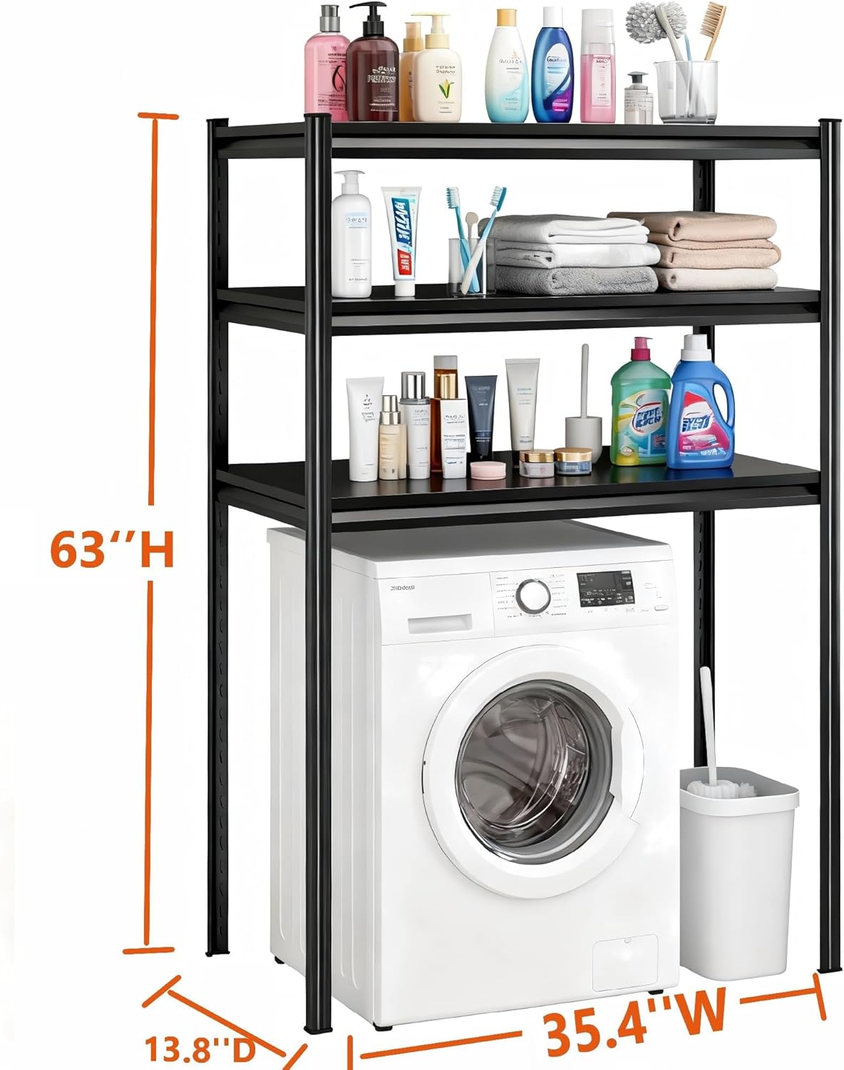 Height-Adjustable Bathroom & Laundry Storage Shelf, 3-Tier Metal Organizer Rack for Washer Dryer, Sturdy Shelving Unit for Bathroom Essentials, 63 x 35.4 x 13.8 Inches