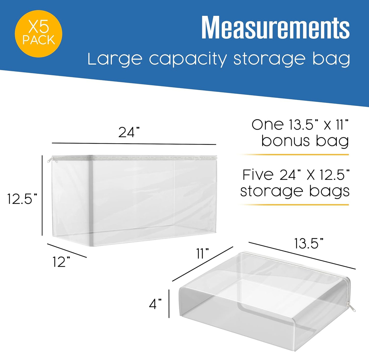 Houseables Clothes Storage Bag, Sweater Bags Moth Proof, Moth Proof Sweater Storage, Clear Zipper Organizer, Vinyl Zippered Plastic Protection, Blanket, Linen, Clothing, Quilt, Bed Sheet, 24x13, 5 PK