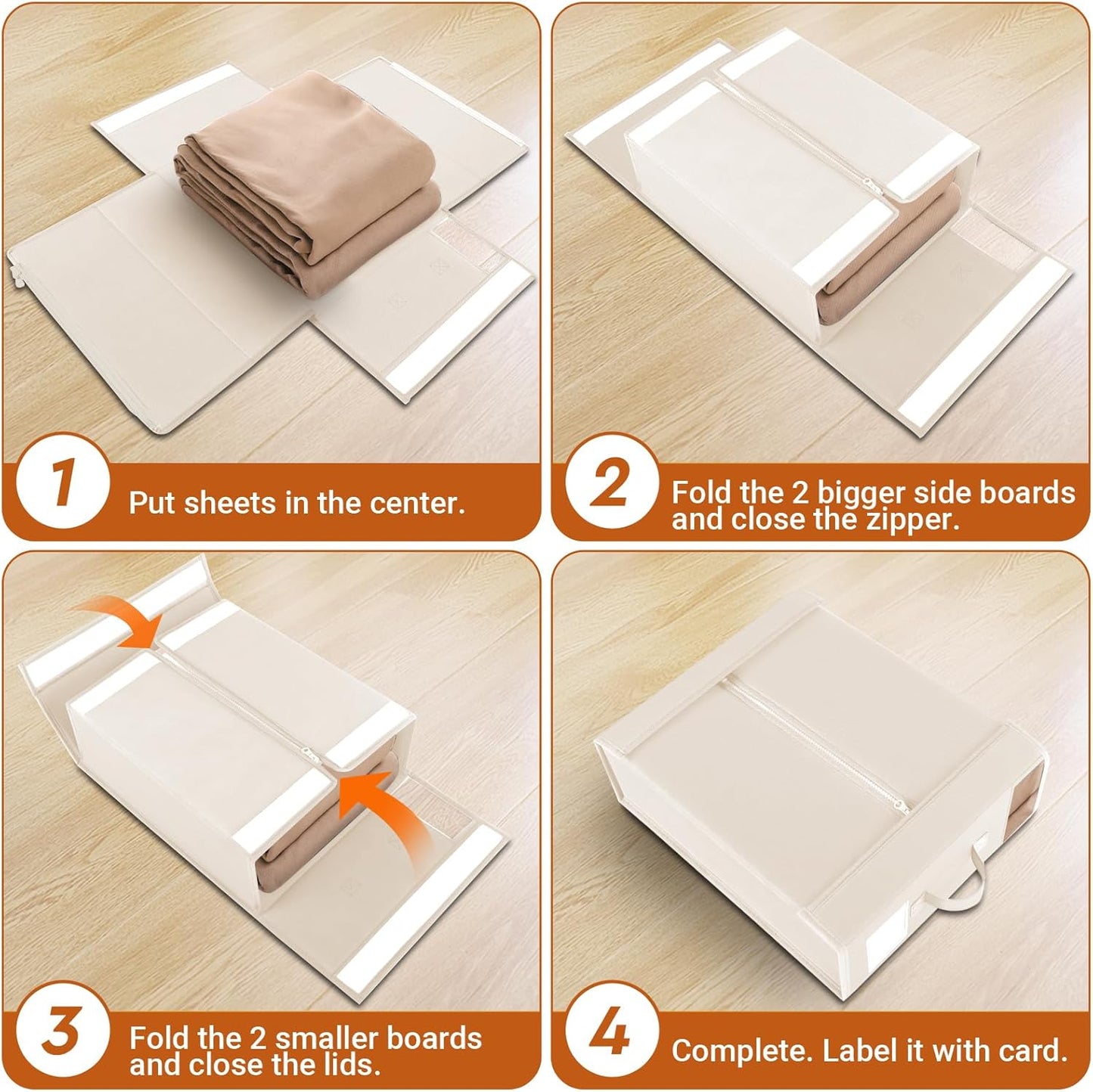 8 Pack Bed Sheet Closet Organizers and Storage,Sturdy Foldable Storage Containers with Window and Label,Storage and Organization for Bedding Sheets,Duvet Covers,Blankets (Beige)