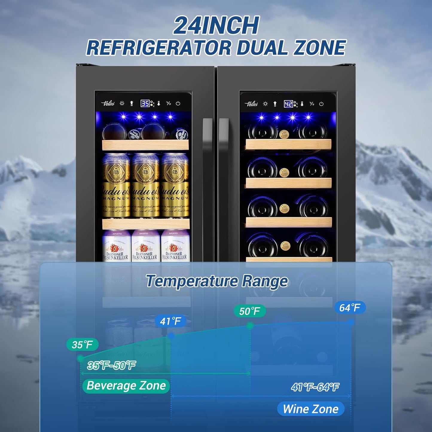 Wine and Beverage Refrigerator Black, 24 Inch Beverage Cooler Under Counter Dual Zone with Glass Door&Lock, 18 Bottles and 68 Cans Large Capacity for Beer Soda Drink, Built-In or Freestanding Fridge
