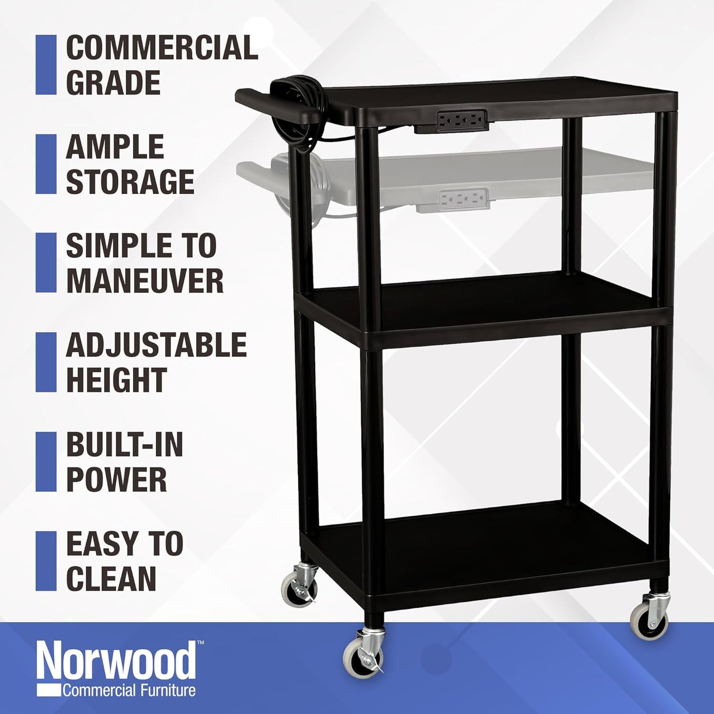 Norwood Commercial Furniture Mobile Utility AV Cart with Power Strip and Casters, Rolling Presentation and Media Cart on Wheels, Black