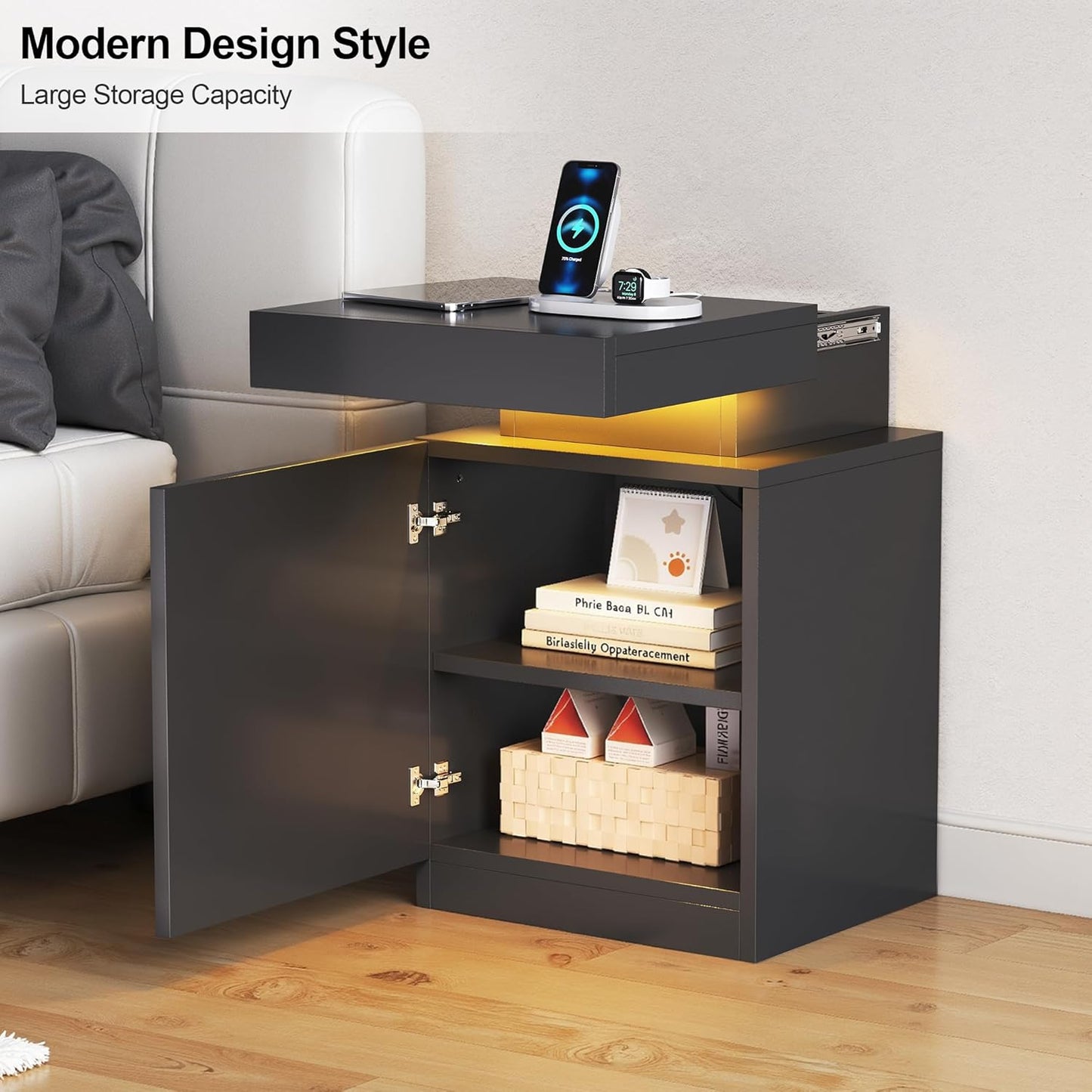 MXV Nightstand with LED Lights & Charging Station, Black Bedside Tables with USB Ports, Storage Cabinet & Drawers for Bedroom, Modern End Tables for Living Room (Black, 17.7，Set of 2)