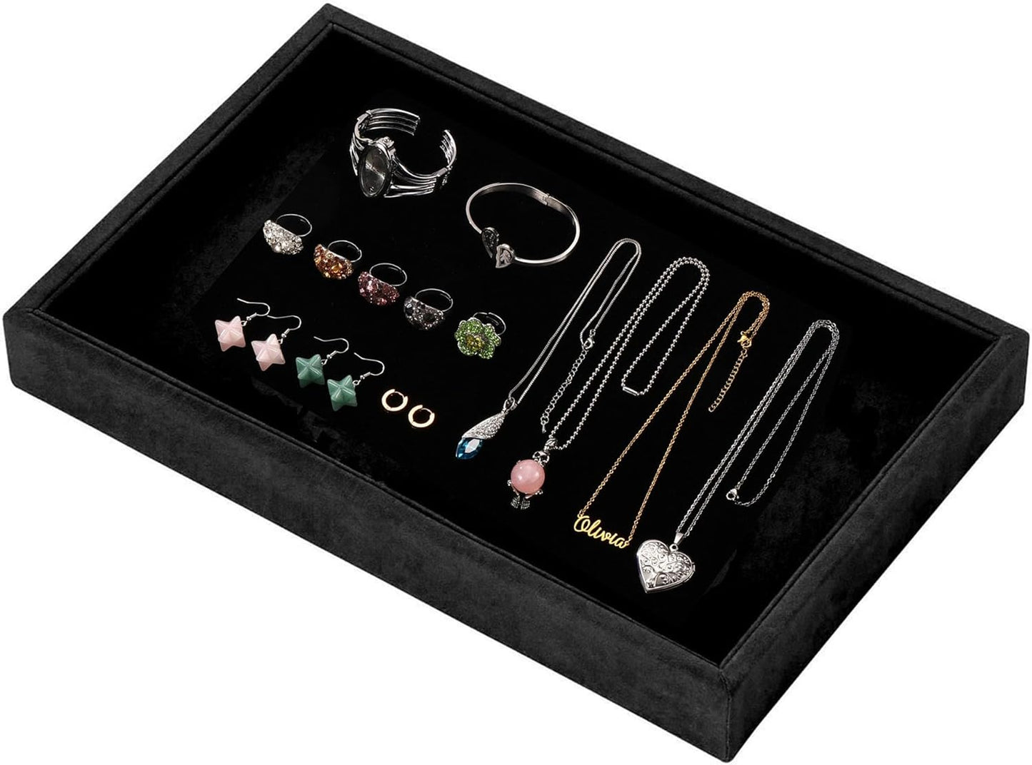 Mornajina 9" x 5.7" Velvet Jewelry Tray Jewelry Display Tray, Stackable Empty Plate Trays for Earrings Necklaces Bracelet Rings Display Showcase - Black