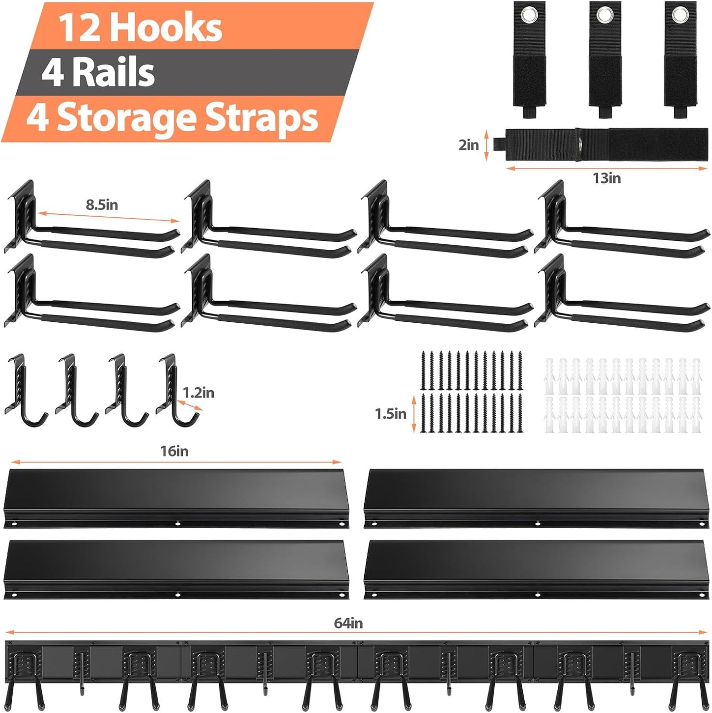 Garage Organizer - 64 Inch Wall Mount Tool Storage, 20PCs Heavy Duty Garden Tool Organizer with Adjustable Hooks, Max 900 lbs
