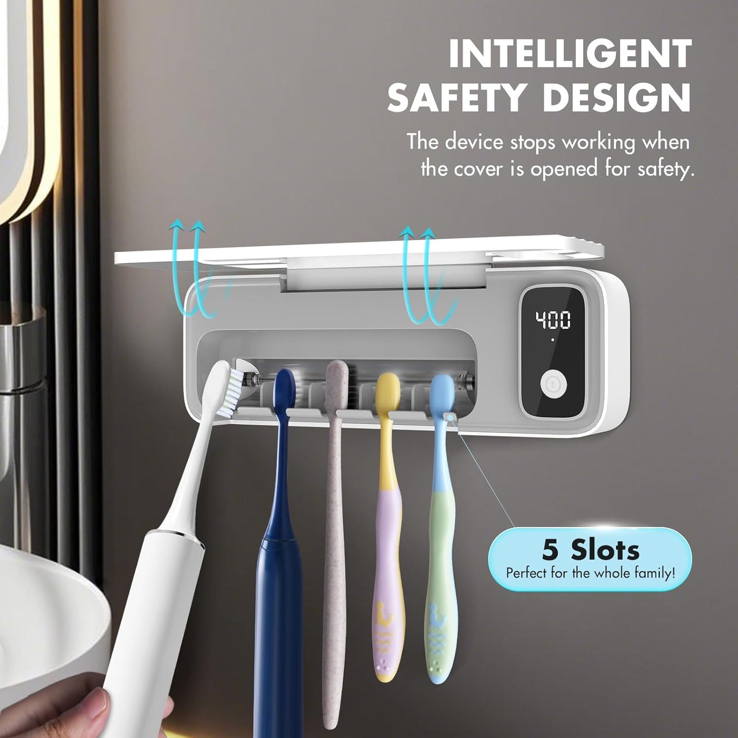 Sanitizeri Toothbrush Cleaner with 5 Slots, Smart Sanitizeri Toothbrush Holder Organizer, Cordless No Drilling Wall Mounted Rechargeable Holders for Bathroom Family, 200/400s Timer Function