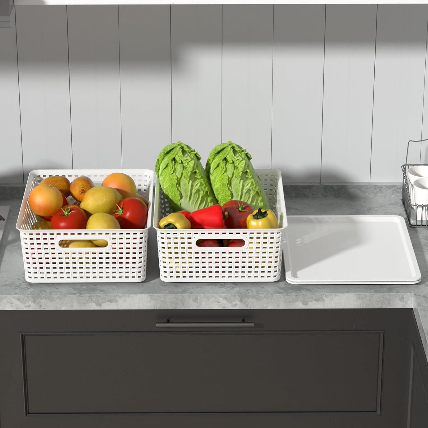 Wekioger Plastic Woven Baskets with Lids, Large White Storage Basket, Set of 6