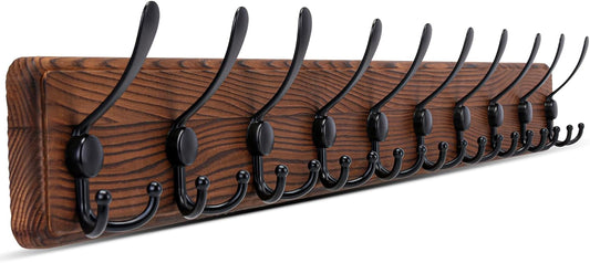 Kruodop Large Coat Rack Wall Mount Coat Hooks Coat Hanger with 10 Metal Black Triple- Hooks Brown Pine Real Wood Plank Hat Rack for Wall Hooks for Hanging Coat Hat Jacket