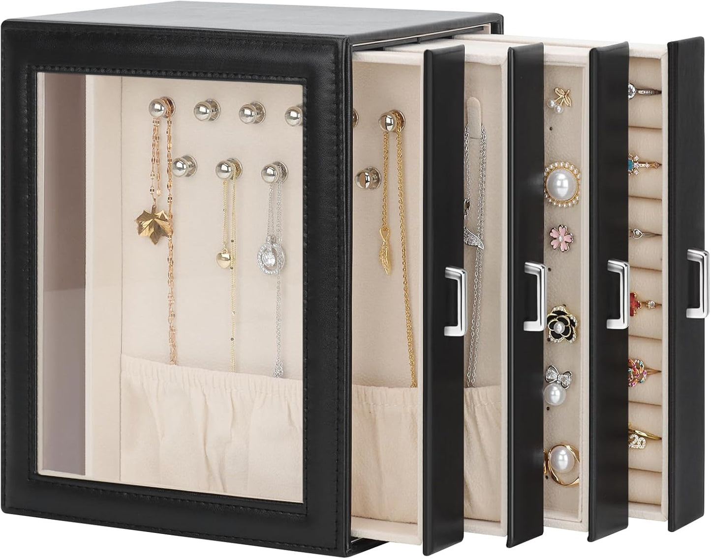 DesignSter Jewelry Box Organizer, Jewelry Box for Women, PU Jewelry Organizer Display Case with Side Drawers, Jewelry Storage for Earring Necklace Ring Bracelet Watch
