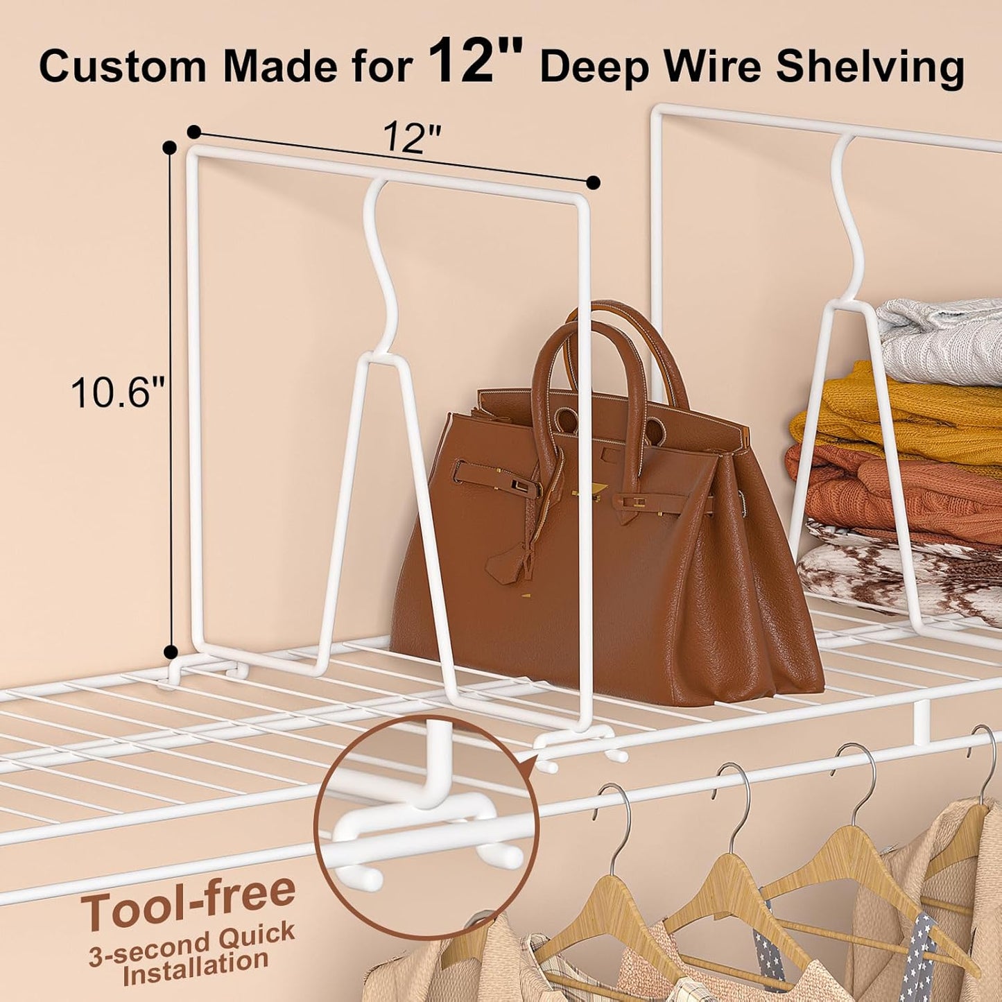 Wire Shelf Dividers for Closet: Tall 8 Pack 12-Inch Deep Adjustable Organizer for Shelves,Metal Rack Separator for Clothes, Purses & Bags，No Tool