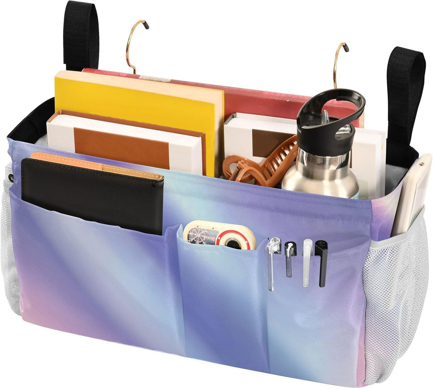 Purple Blue Gradient Bedside Caddy for Dorm Bed Bedside Hanging Caddy Bag Iron Frame Storage Organizer Pocket for Bunk Home College Hospital Beds 2 Hooks