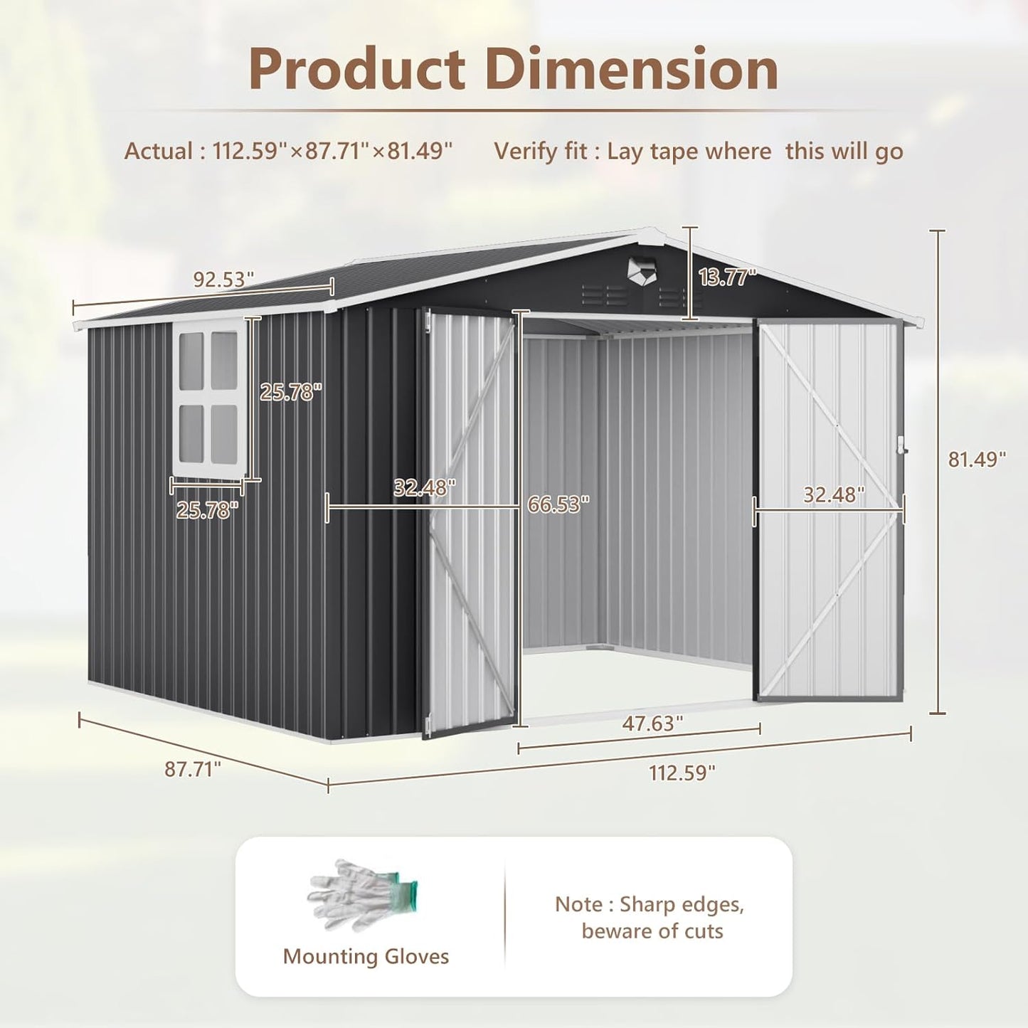 10x8 FT Outdoor Storage Shed, Metal Garden Shed - Tool Storage Sheds with Lockable Doors & 1 Clear Window, Waterproof Outside Storage Building for Backyard, Patio (Black; Floor Not Included)