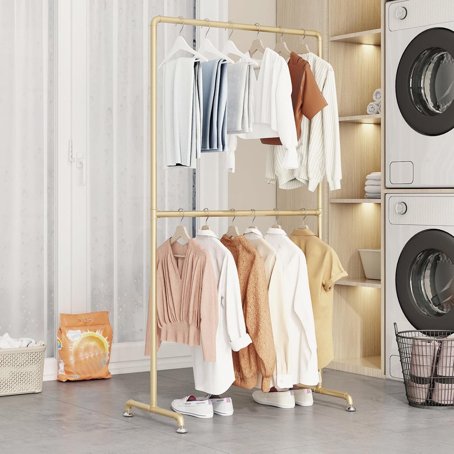 Industrial Pipe Clothing Rack, Heavy Duty Metal Clothes Rack with Double Rods, Freestanding Garment Rack for Bedroom Boutique Retail Use (Gold)