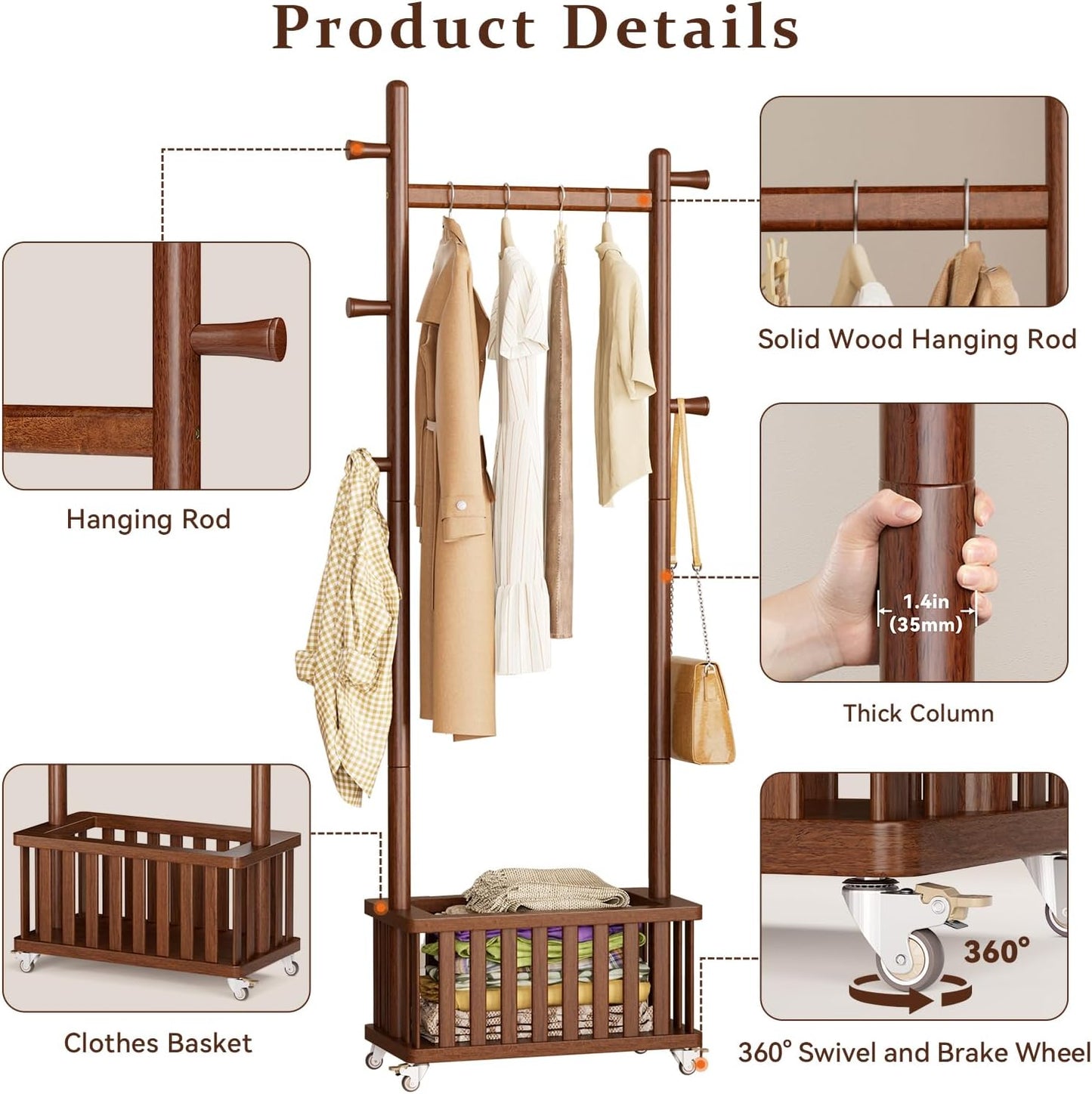 Solid Wood Coat Rack Clothes Rack, Coat Rack Freestanding with Storage Basket and 5 Hooks, Heavy Duty Coat Tree for Entryway, Living room, Coat Hanger Stand for Hats, Bags Clothes