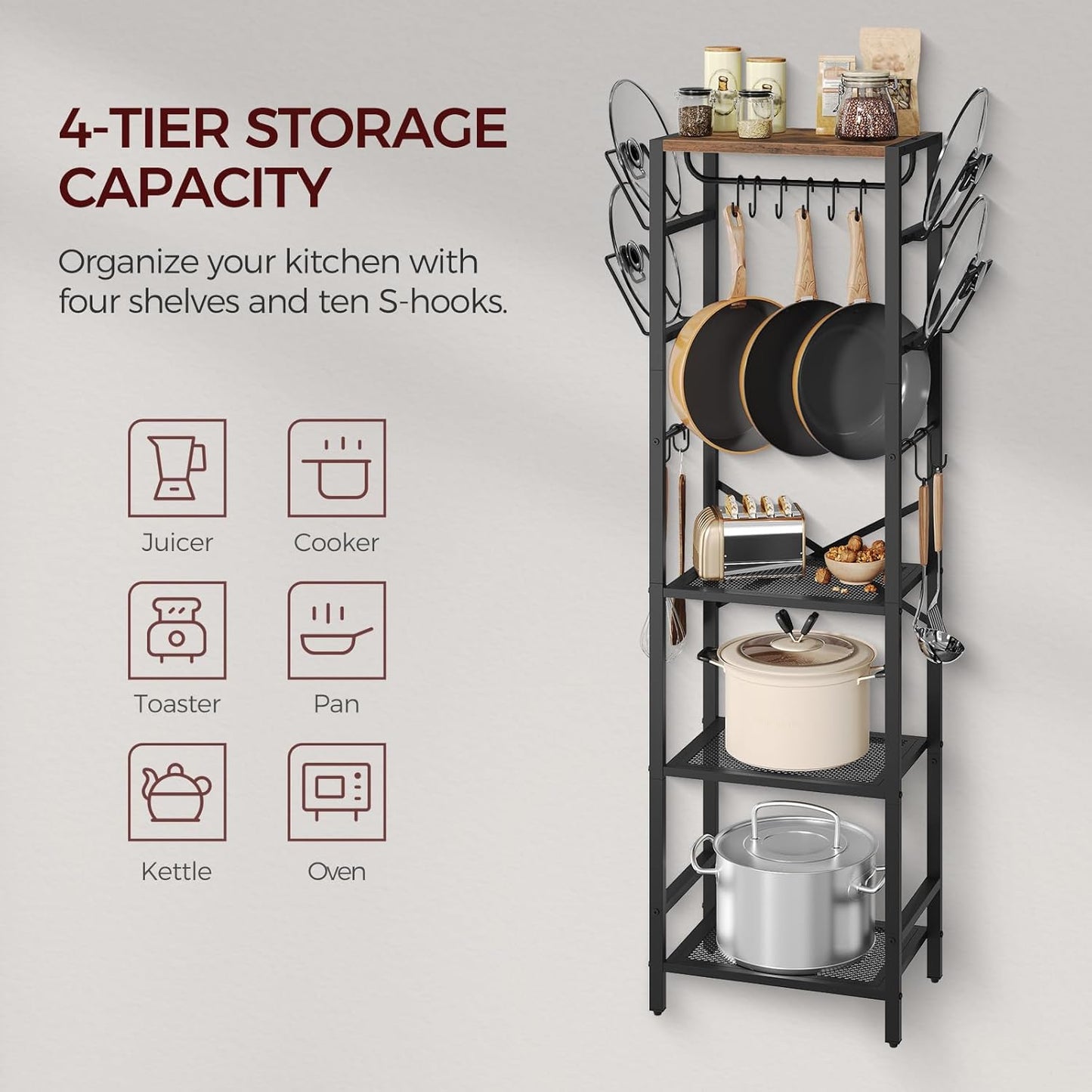 4-Tier Pot Rack, Pots and Pans Organizerand for Kitchen, Lid Organizer Rack with U-Shaped Lid Holders, Kitchen Storage Shelf for Standing Cookware, Rustic Brown and Black POHR3001