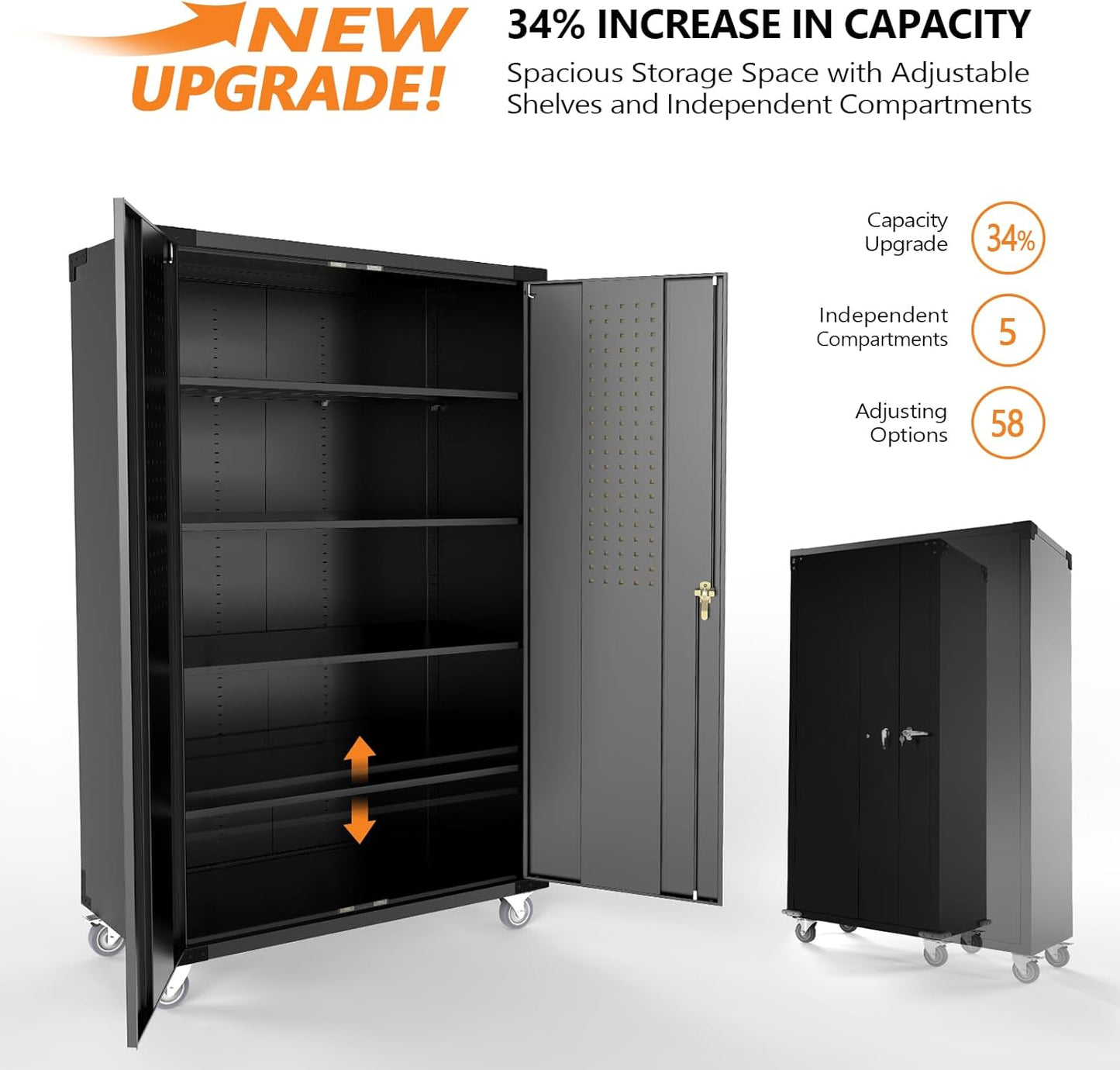 VINGLI Upgraded Wide & Deep Garage Storage Cabinet, Metal Storage Cabinet with Pegboards, Wheels, Locking Doors and Adjustable Shelves (Black, 43''W x 20''D x 72''H)