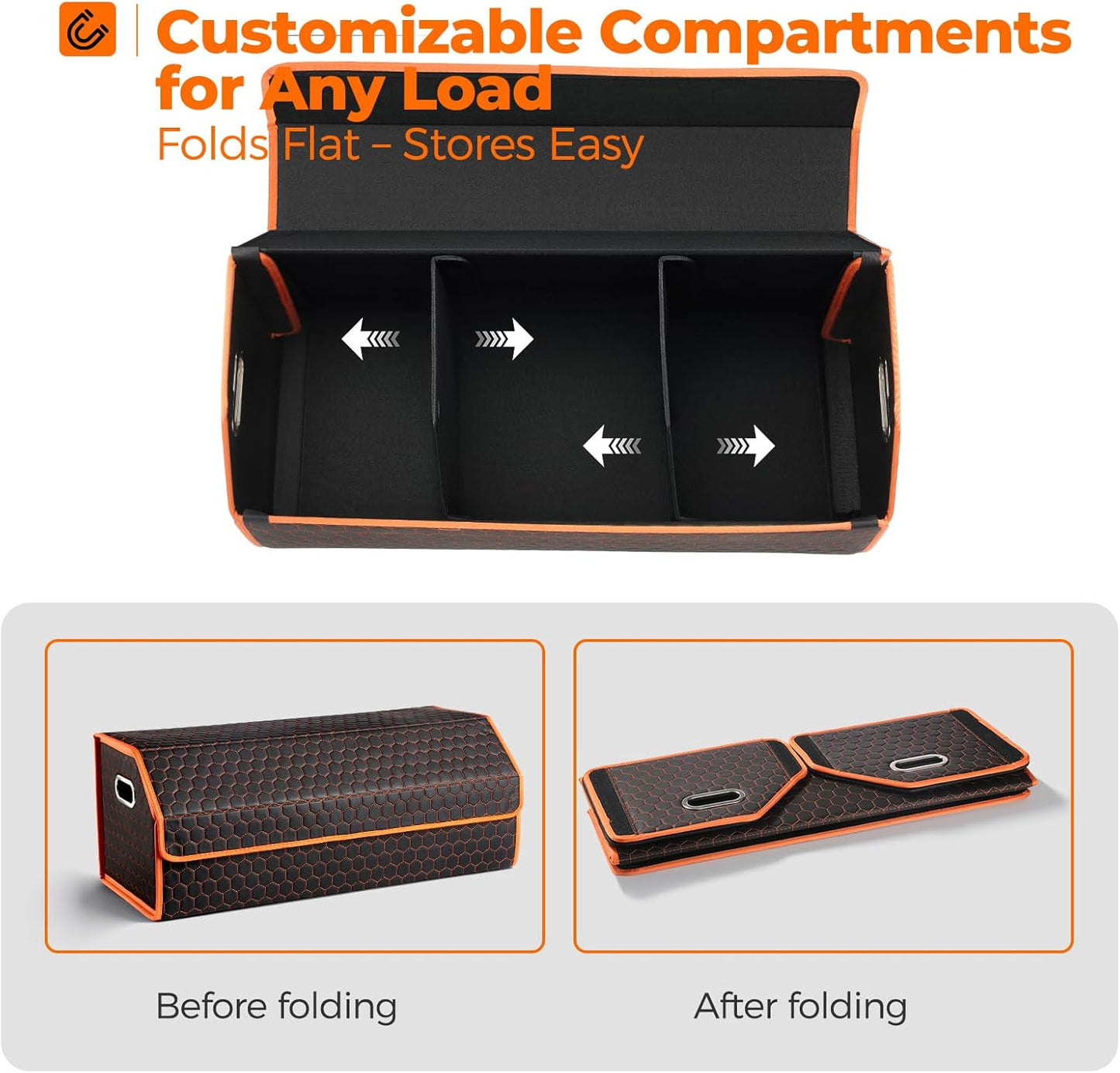 Car Organizers and Storage - Trunk Organizer for Suv Car,Car Trunk Leather Storage Box,Extra Large,Magnetic Lid,Collapsible and Adjustable
