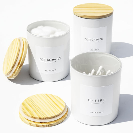 3PCS Farmhouse 13.53oz White Bathroom Canisters with 12 Labels & Wooden Lid Thick Glass Jar Set Qtip Holder for Cotton Ball & Pads Storage Organization Minimalist Decor