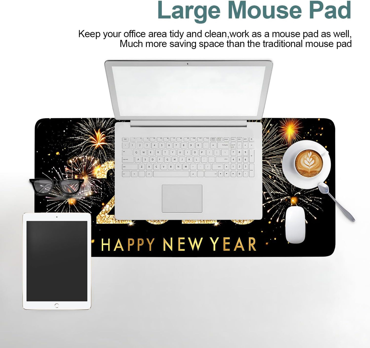 2026 Happy New Year Gaming Mouse Pad 31.5"x11.8"Desk Mat Anti-Slip Rubber Base & Durable Stitched Edges for Gamers Smooth Mouse Writing Surface for Desk Office/Home