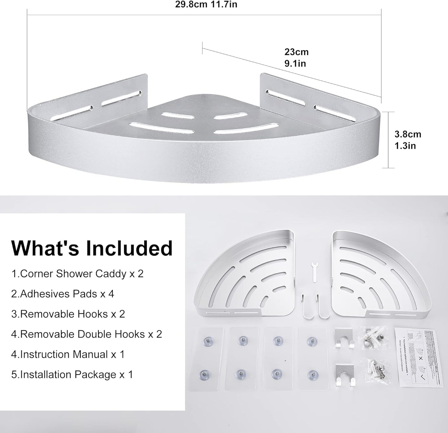 Adhesive Corner Shower Caddy with Hooks,Bathroom Shower Organizer, No Drilling Rust Proof Aluminum Shower Shelf for Inside Shower 2 Pack (Silver)